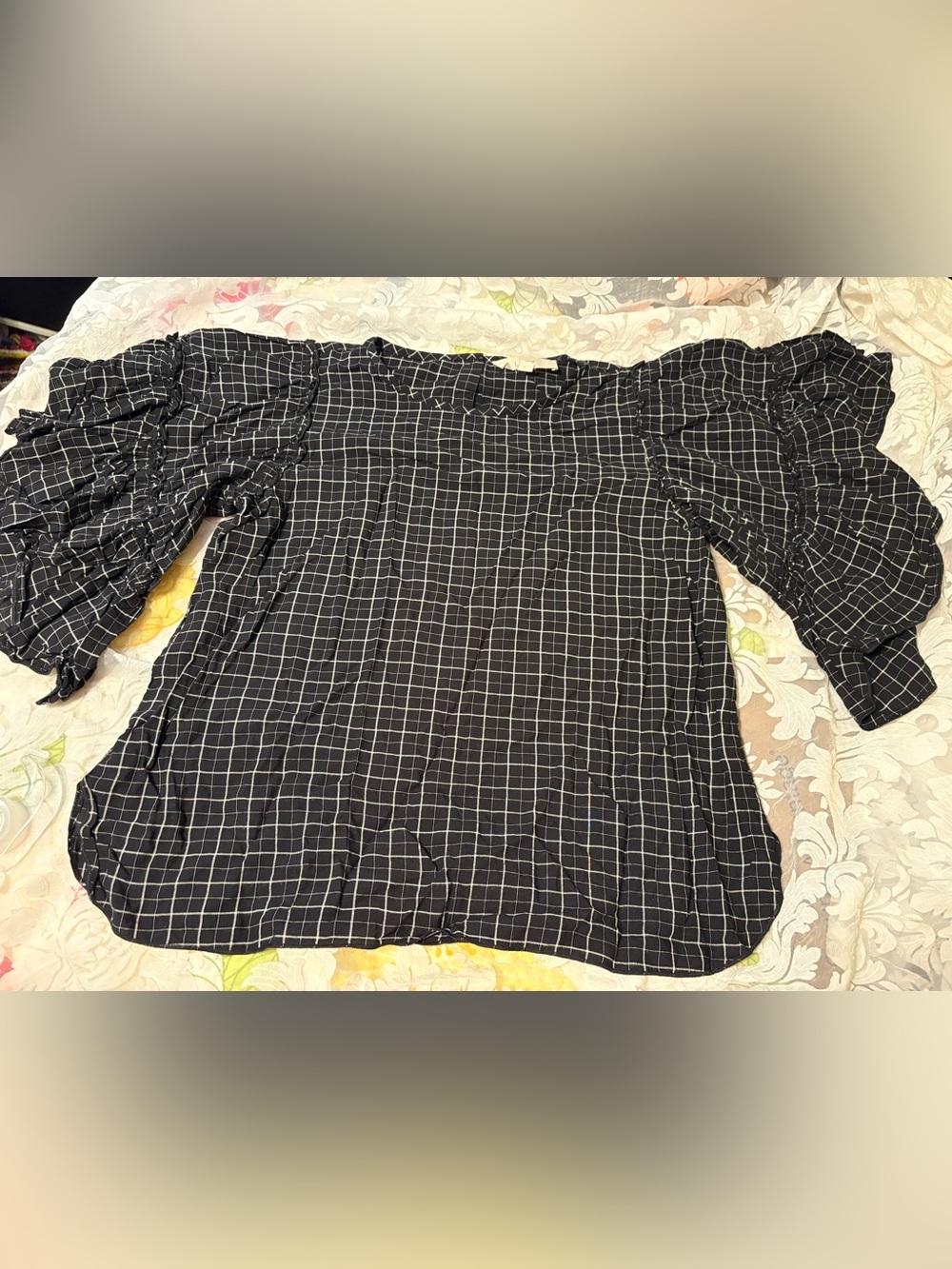 LOFT Black Windowpane Blouse